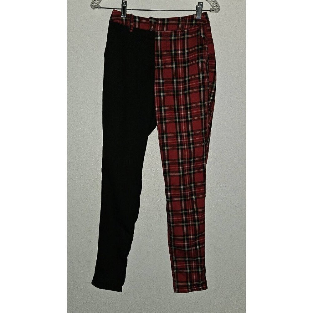 Hot Top Red Plaid Black Split Leg Pants Cropped Skinny Size XS